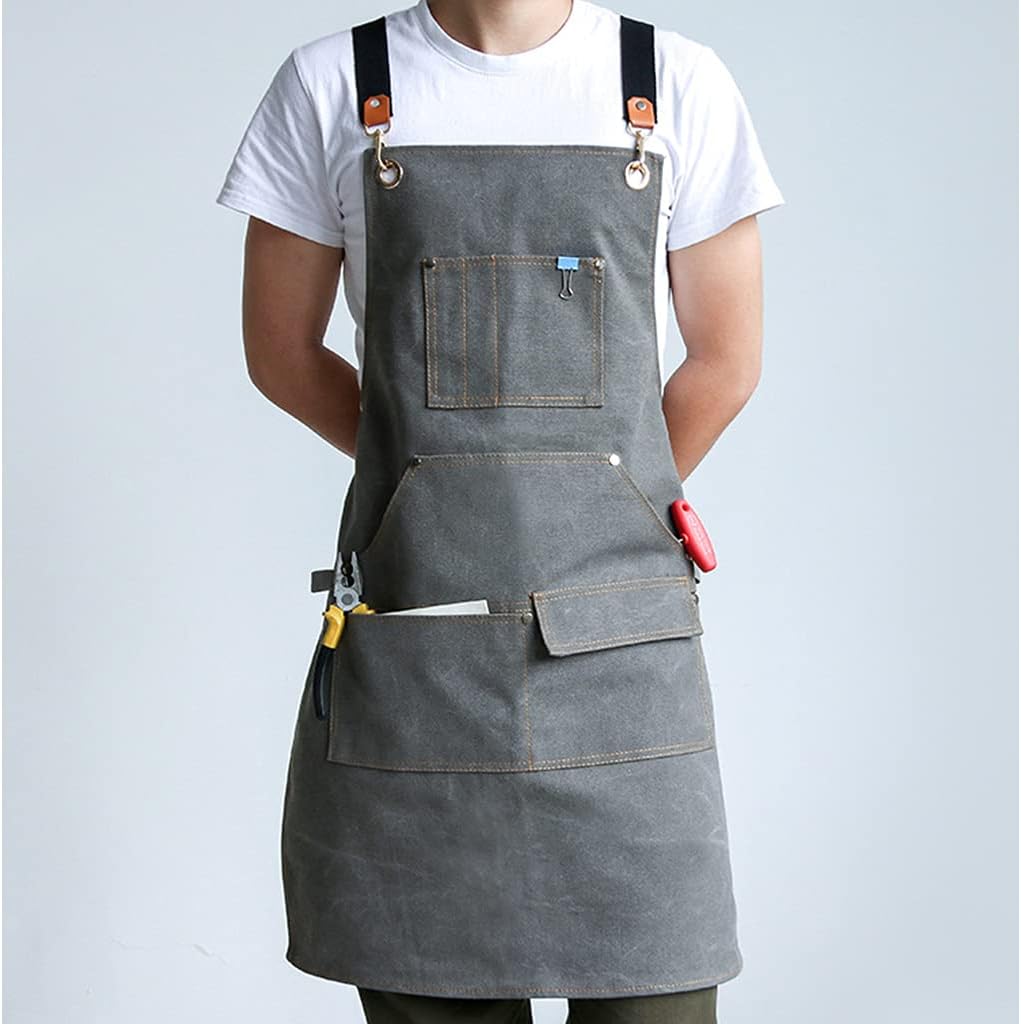Tool apron, Men Women Canvas Work Apron Cross-Back Adjustable Shoulder Strap Handcraft Bib with Multi Tool Pockets