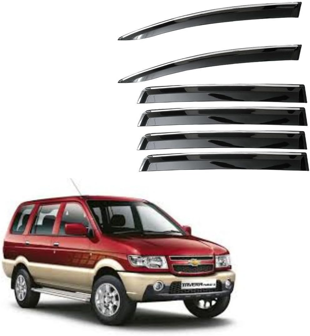 CAR SAAZ Unbreakable Chrome Smoke Door Visor for Tavera | Premium Sun, Rain Wind Deflector Chrome Strip Side Door Rain Visor – Set of 4 Pcs