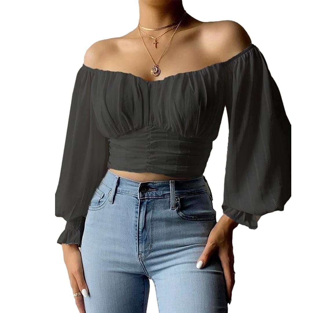 MIRACMODA Womens Elegant Off The Shoulder Puff Sleeve Blouse Summer Chiffon Slim Fit Party Crop Top