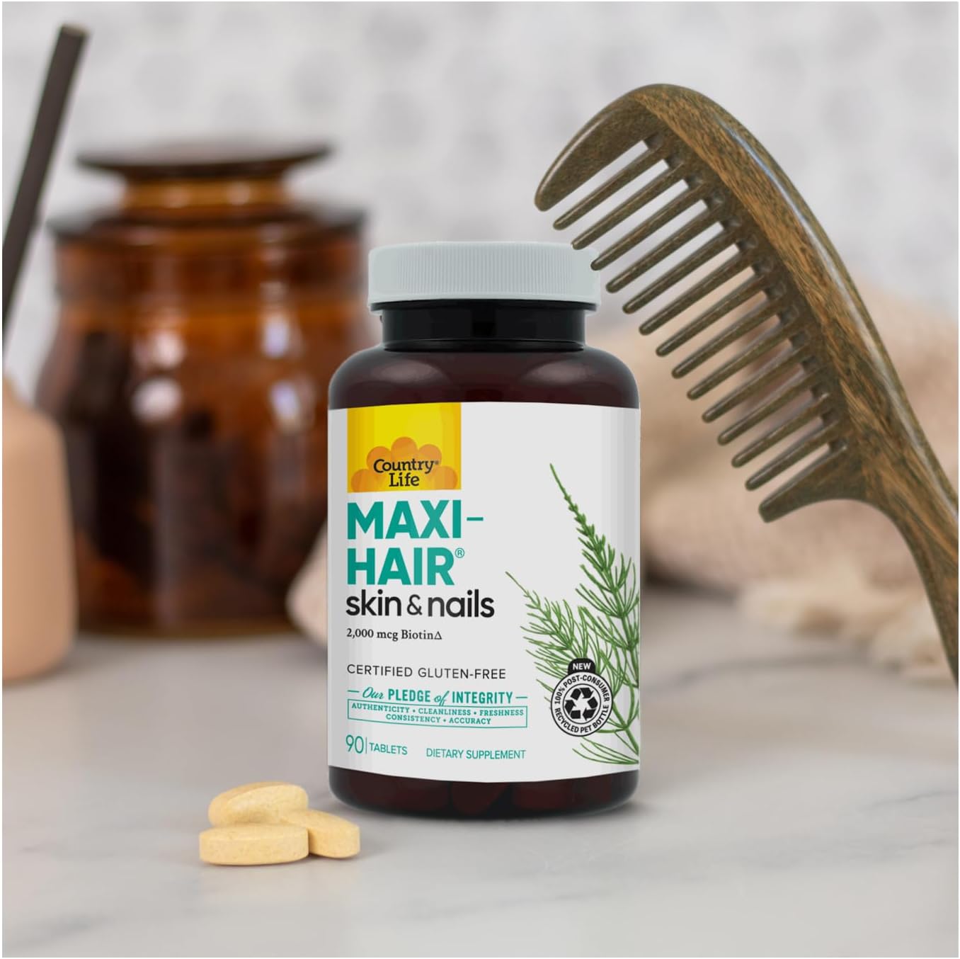 Country Life Maxi-Hair Supplement - 2000mcg Biotin & Vitamins for Hair, Skin & Nails - Certified Gluten-Free & Vegetarian - Supports Hair Growth, 90 Tablets - Image 6