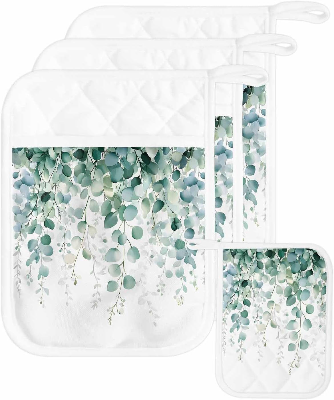 5 Pack Pot Holder with Pocket, Green Eucalyptus Leaves Watercolor Kitchen Potholders Heat Proof Non Slip Pot Holders Sets, Summer Plant on White Hot Pads Potholder for Cooking Baking BBQ