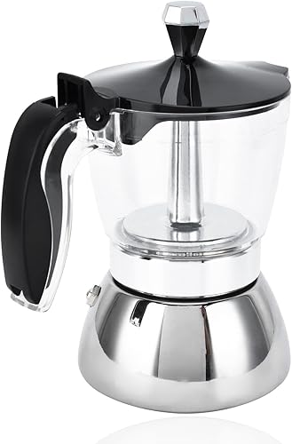 Olla de café expreso de 4 tazas, cafetera acrílica de acero inoxidable, olla moka para estufa, 6.8 fl oz, cafetera moka para café, accesorios para