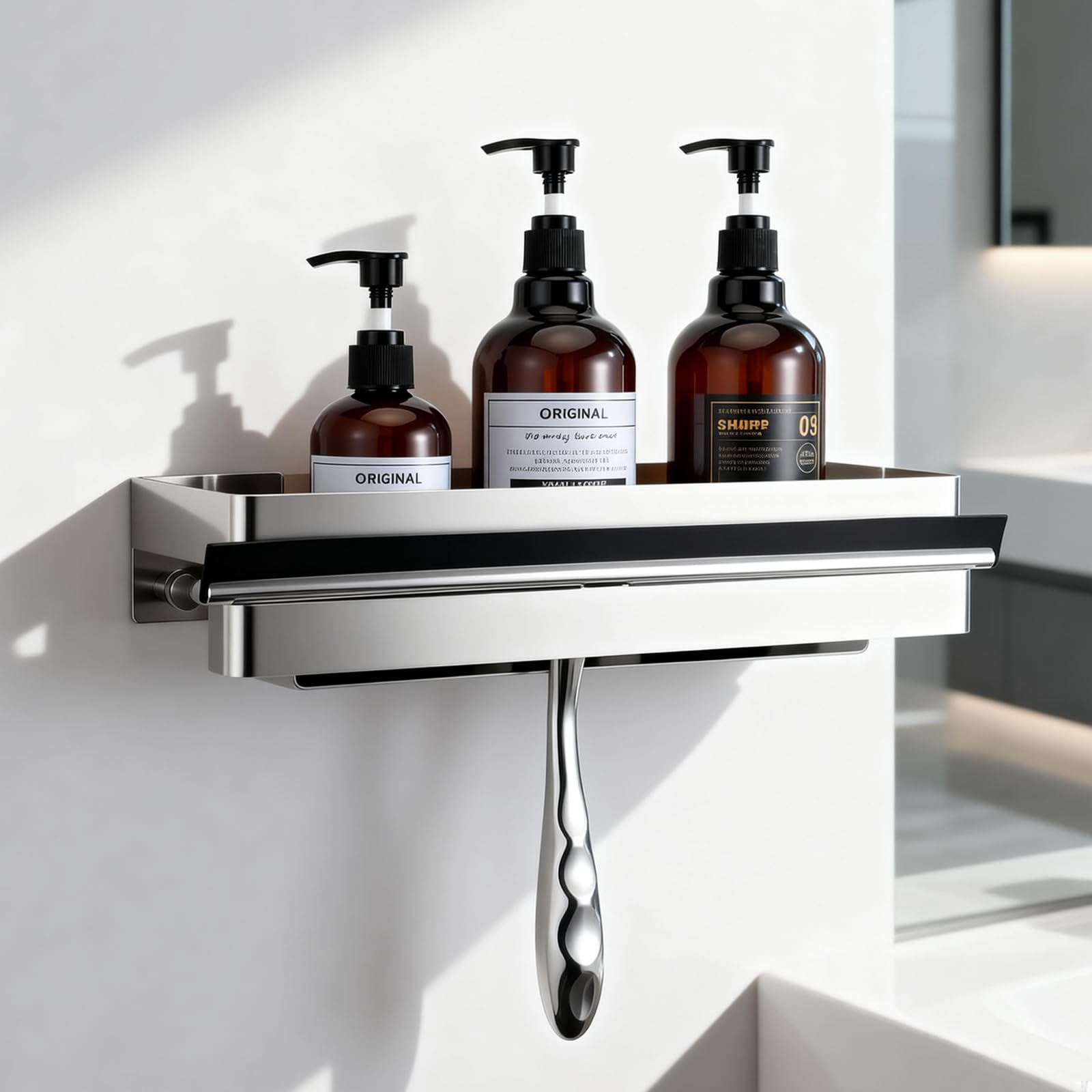 Womamny Bathroom Caddy, 33 cm Adhesive Shower Caddy, Upgraded Bathroom Shelf Without Drilling Mede in Stainless Steel (EN 1.4301), For Window Squeegee, Shampoo, Shower Gel, Razor, Towels