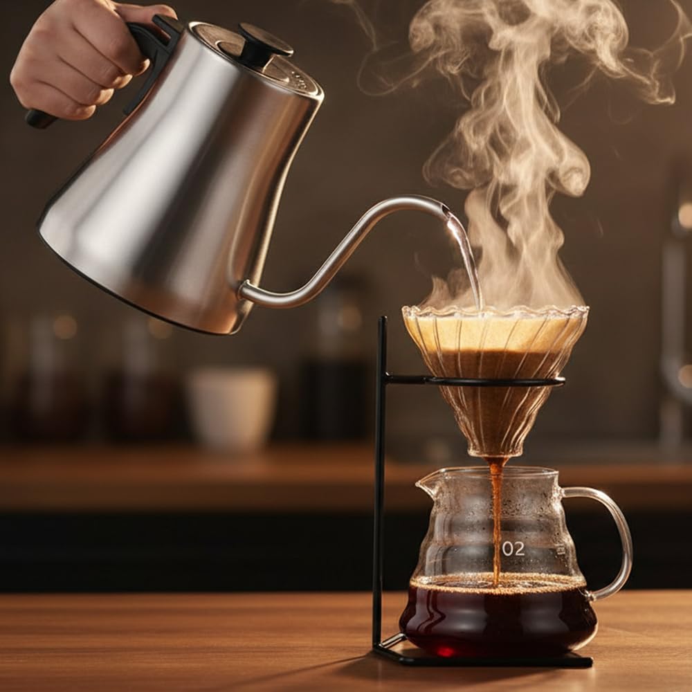 MAXWIN Bollitore Elettrico 1 litro Piccolo con Temperatura Regolabile,Bollitore da Caffè a Collo di Cigno in Acciaio Inox,Display LED,Riscaldamento Rapido 1000W,Timer Integrato