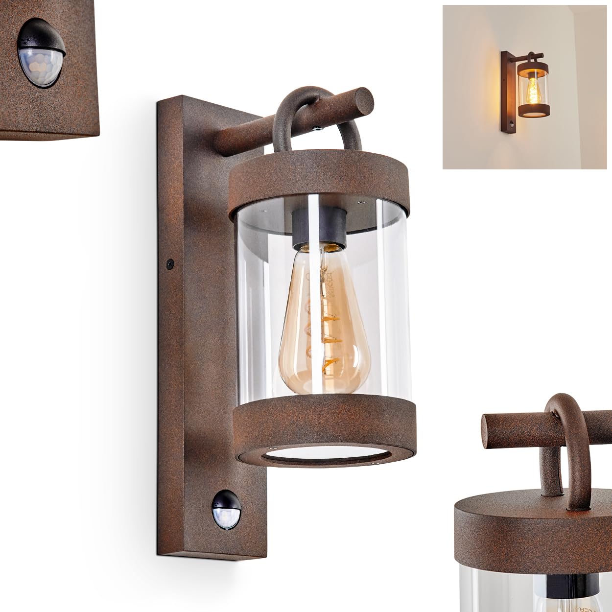 HOFSTEIN Außenwandleuchte Fulham, Außenwandlampe mit Bewegungsmelder aus Metall/Kunststof in Rost/Klar, Wandleuchte außen Down im modernen Design, E27, IP44, Hof, Eingangsbereich, Terrasse, Haustür