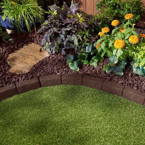 Rubberific 4\' Rubber Cobblestone Flexible No Dig Landscape Mulch Border Edging with Anchoring Spikes for Lawns, Gardens, and Flower Beds - 4 Pack (Brown) - Thumbnail 5