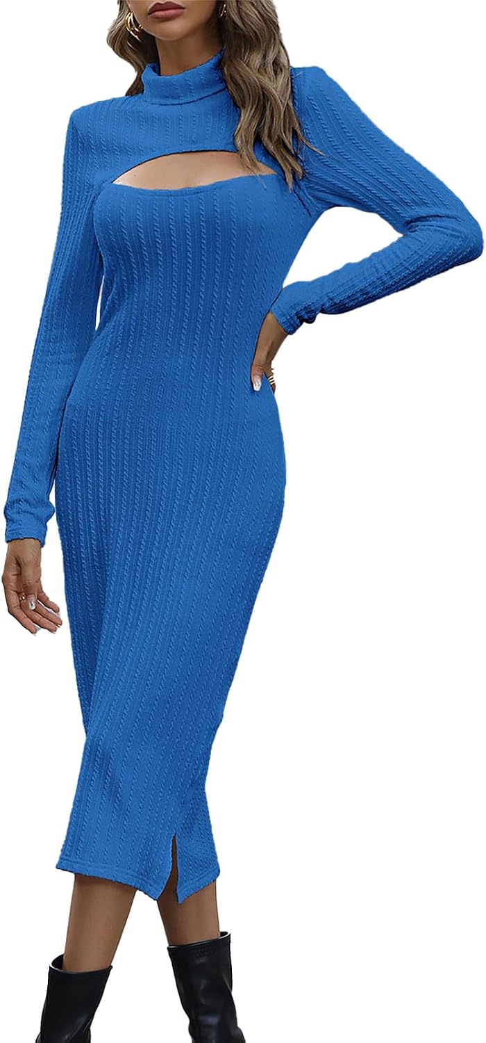 Women's Rib Knit Pullover Sweater Dress Cut Out Long Sleeve Slim Fit Bodycon Dresses Sexy Midi Long Sweater Dresses