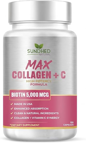 Sundhed Max Collagen Plus C - All Natural Collagen with Biotin & Bioperine to Boost Anti Aging Hydration & Skin Firmness - Strengthen Bones & Nails Capsules 2-Month 120 Count