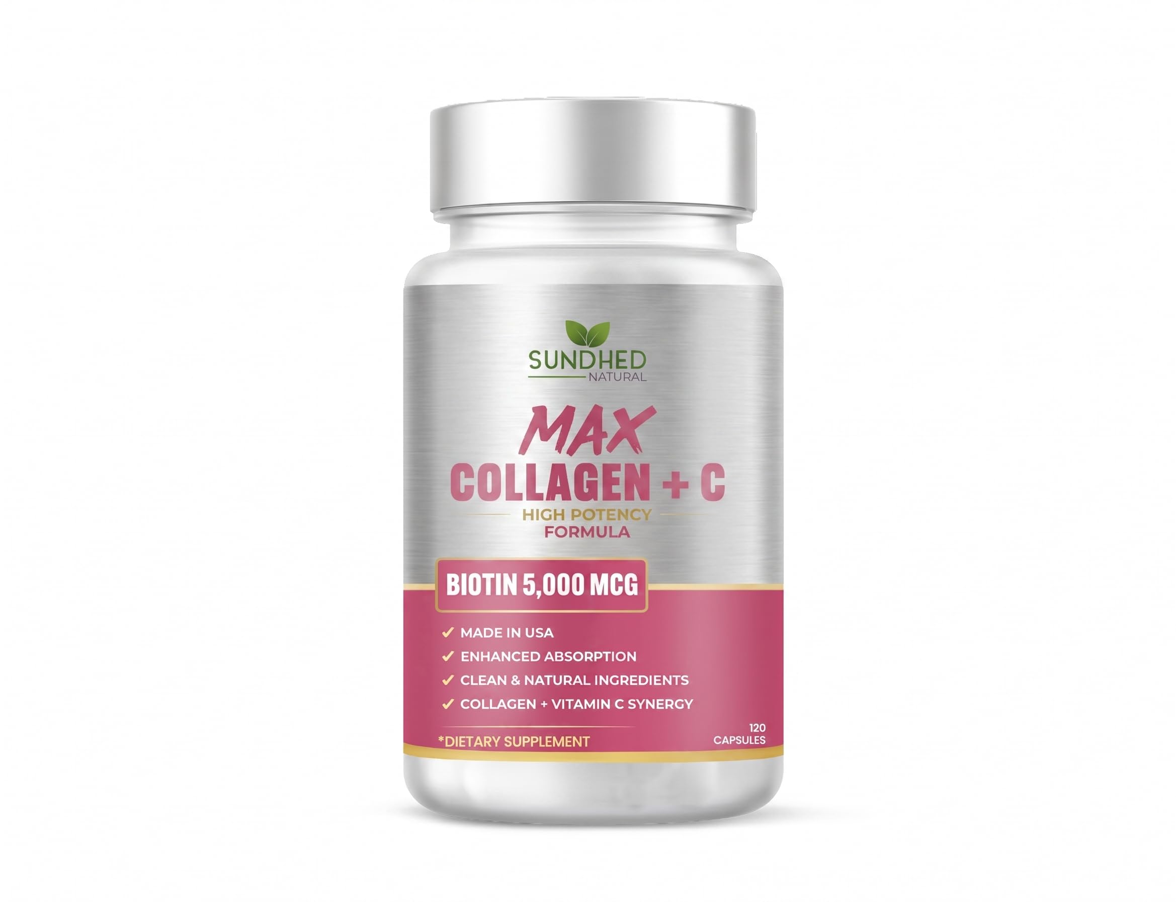 Sundhed Max Collagen Plus C - All Natural Collagen with Biotin & Bioperine to Boost Anti Aging Hydration & Skin Firmness - Strengthen Bones & Nails (Capsules 2-Month) (120 Count) 1 Count (Pack of 120)