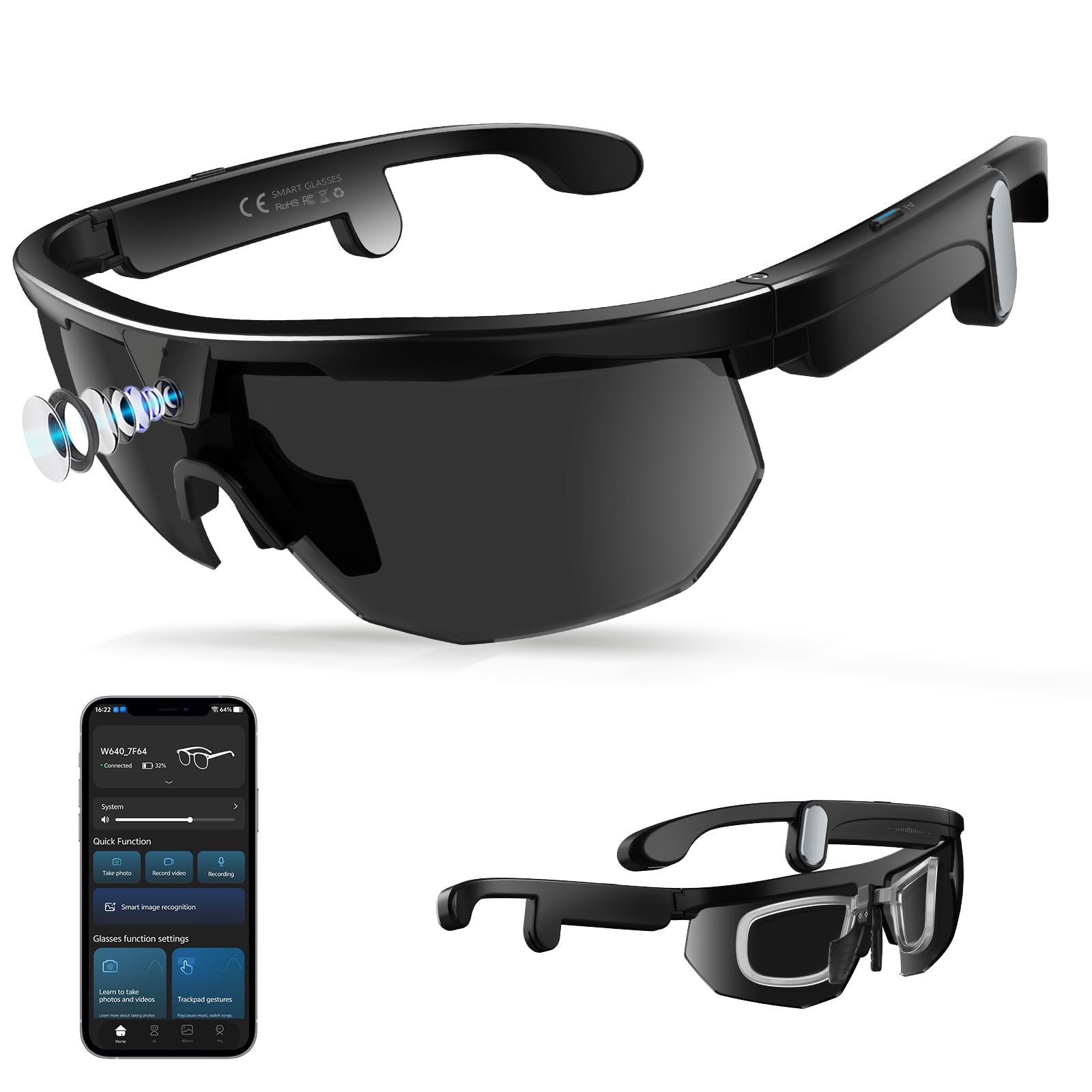 GenXenon Gafas Inteligentes con Cámara, Grabación Video HD POV 8 MP y Foto, Memoria Integrada, Gafas de Sol con Cámara para Deportes Aire Libre como Ciclismo, Esquí y Senderismo (Negro)