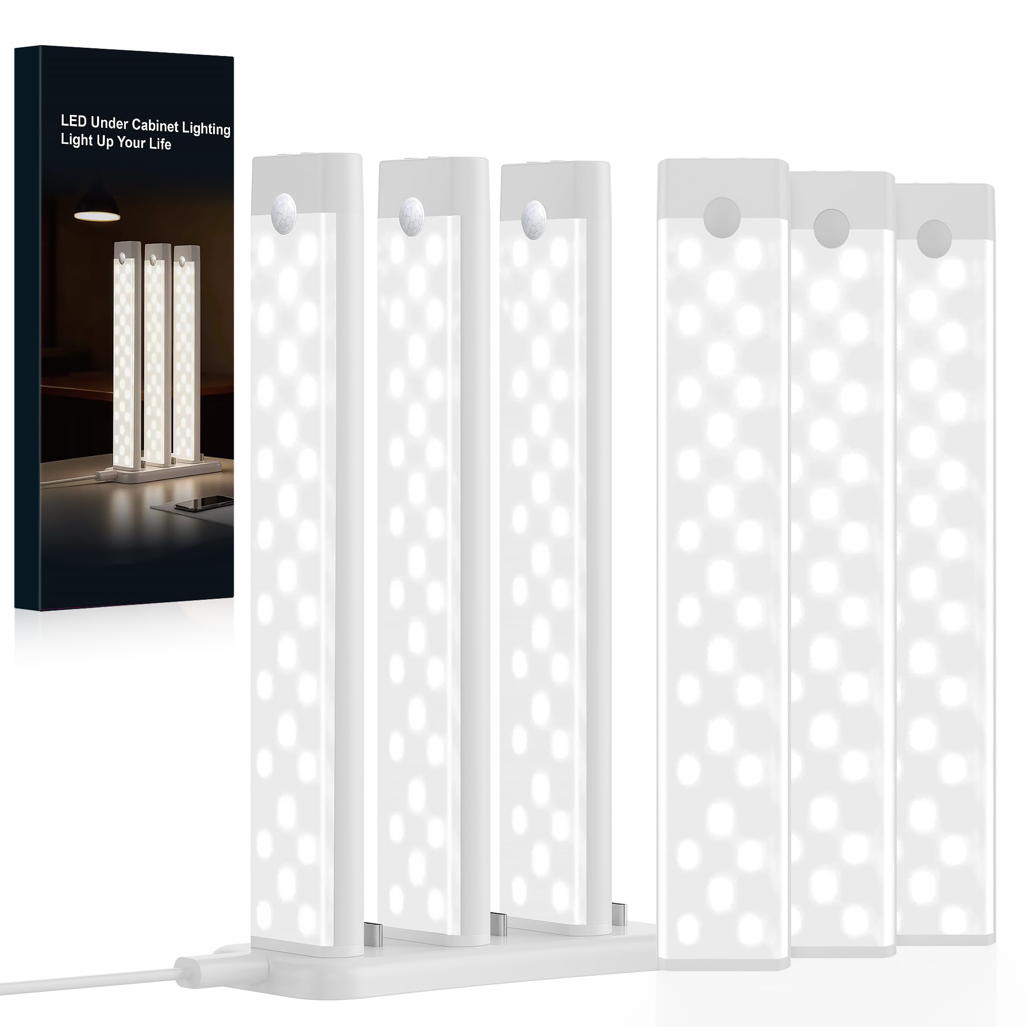 Illuminazione sotto l'armadio, 6 pacchetti con 1 stazione di ricarica, luce ricaricabile con sensore di movimento interno, 8 pollici, 3 temperature di colore, 29 luci LED regolabili per