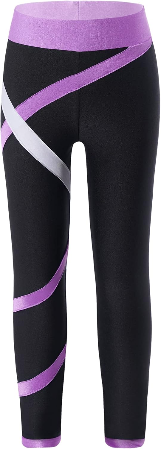 JanJean Girls Athletic Leggings Color Block Stretchy Tights for Gymnastics Yoga Figure Skating