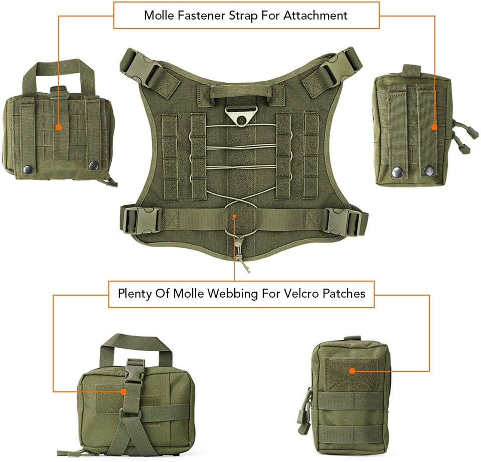 TOPTIE Tactical Service Dog Harness, Dog Training Vest Pet Harness with Molle Pouches and Bottle Holder-TAN-L