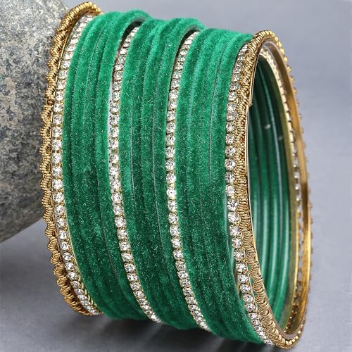 Image of ZENEME Gold-Plated Matte Finish Velvet White American Diamonds Studded Bangles Set Of 18 For Girls and Women