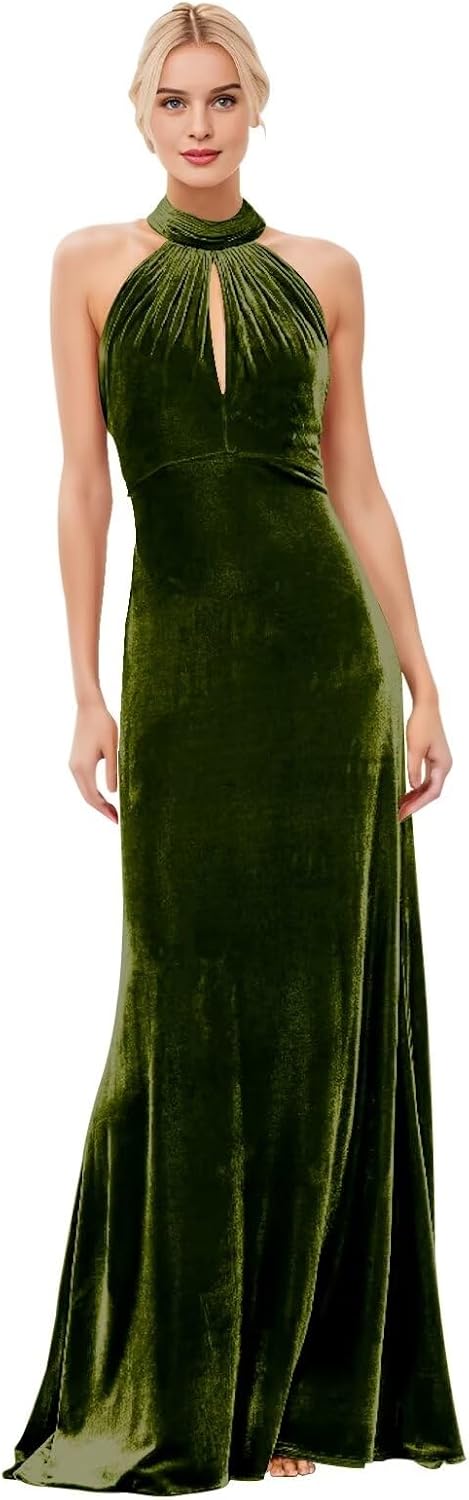 Velvet Halter Bridesmaid Dresses for Women Long Fall Wedding Guest Dress Bodycon Formal Gown