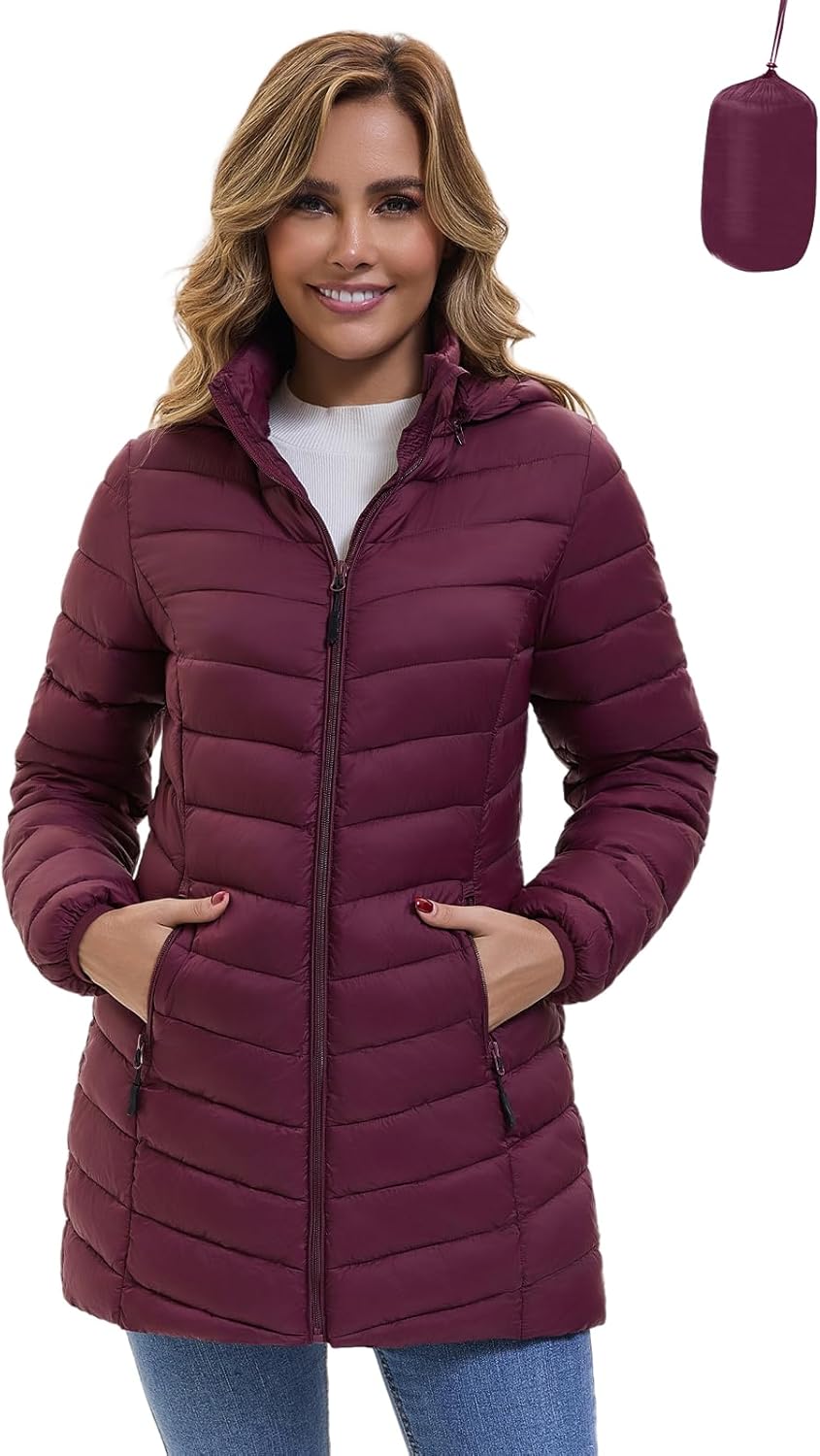 ZMC Women's Packable Winter Puffer Jacket, Lightweight Hooded Puffer Coat, Quilted Mid-Length Coat with Detachable Hood