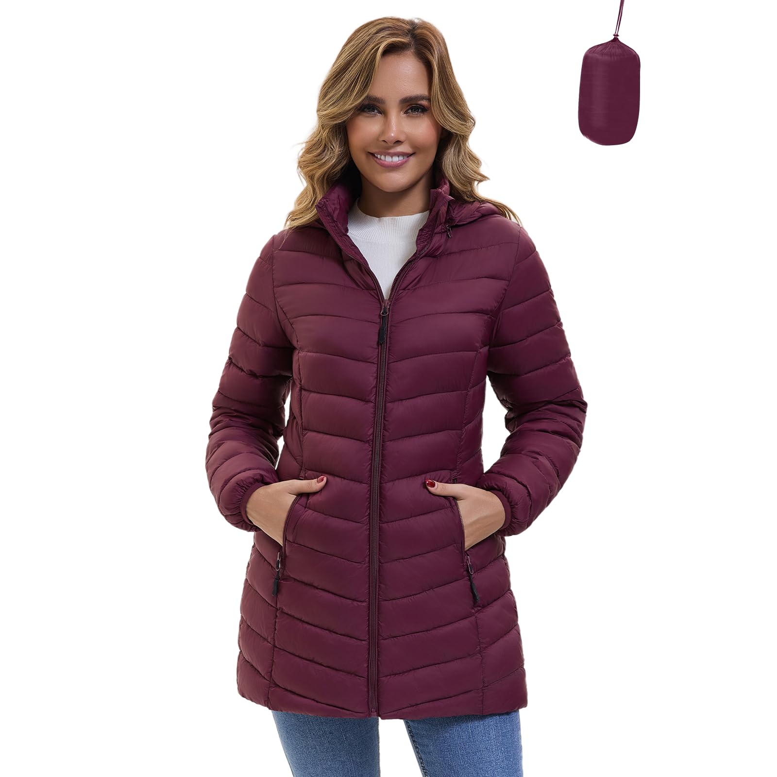 Women's Packable Winter Puffer Jacket, Lightweight Hooded Puffer Coat, Quilted Mid-Length Coat with Detachable Hood-image-47