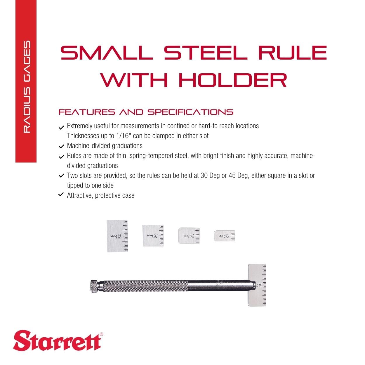 Starrett Small Steel Rule with Holder in Protective Case - Ideal for Professionals and Home Improvement, Machine-Divided Graduations, 1/4" to 1" Length - S423Z