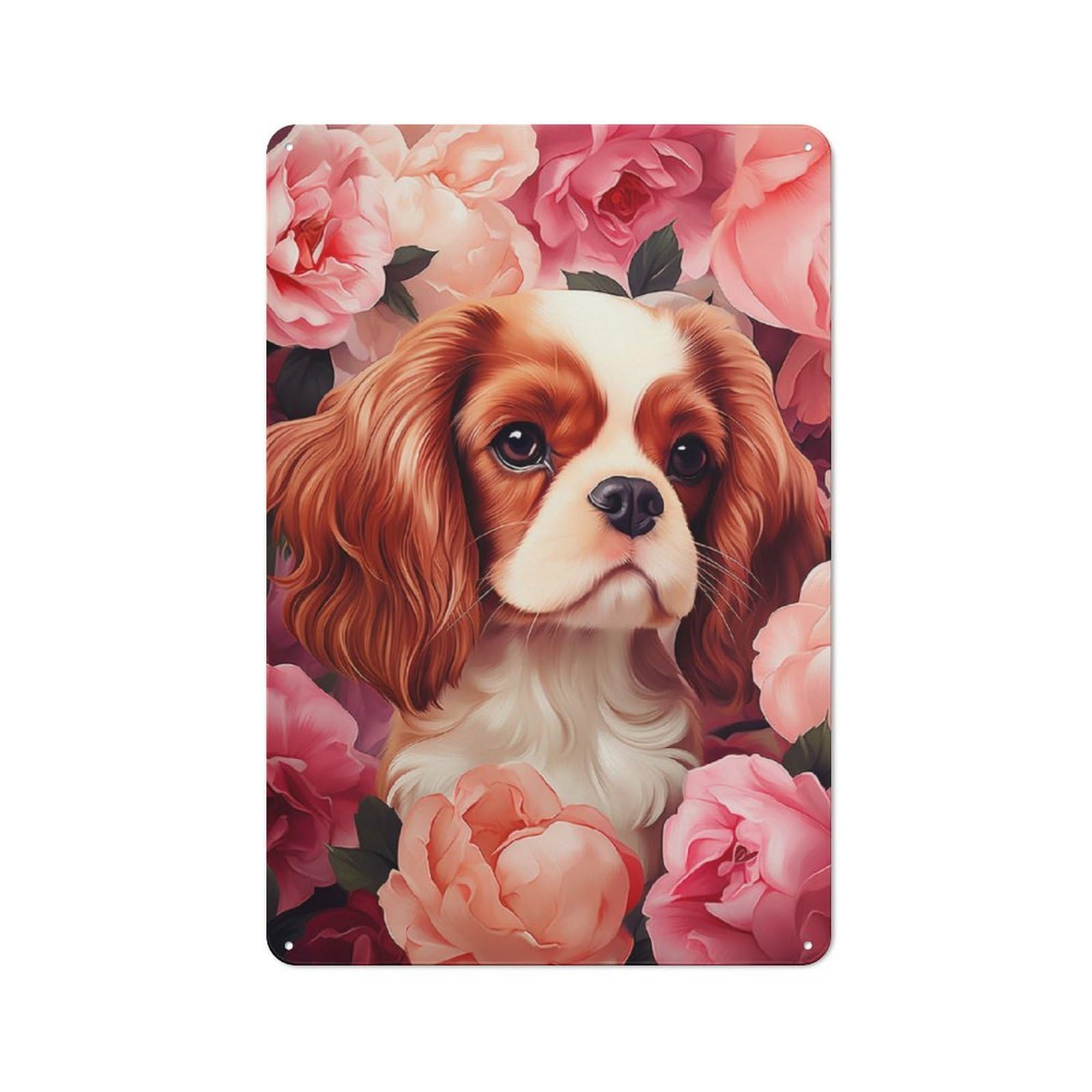 Junmoney Cavalier King Charles Spaniel In Roses Retro Tin Wall Plaque 30X20cm Featuring For Garage Wall, New Home Wall Decor For People Furnishing A Garage