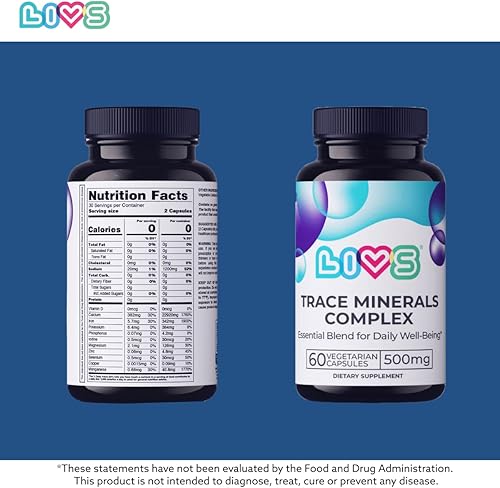 Miniatura 5 de LIVS Trace Mineral Complex - 11 minerales traza esenciales, suplemento diario de magnesio con zinc, potasio, calcio, 60 cápsulas