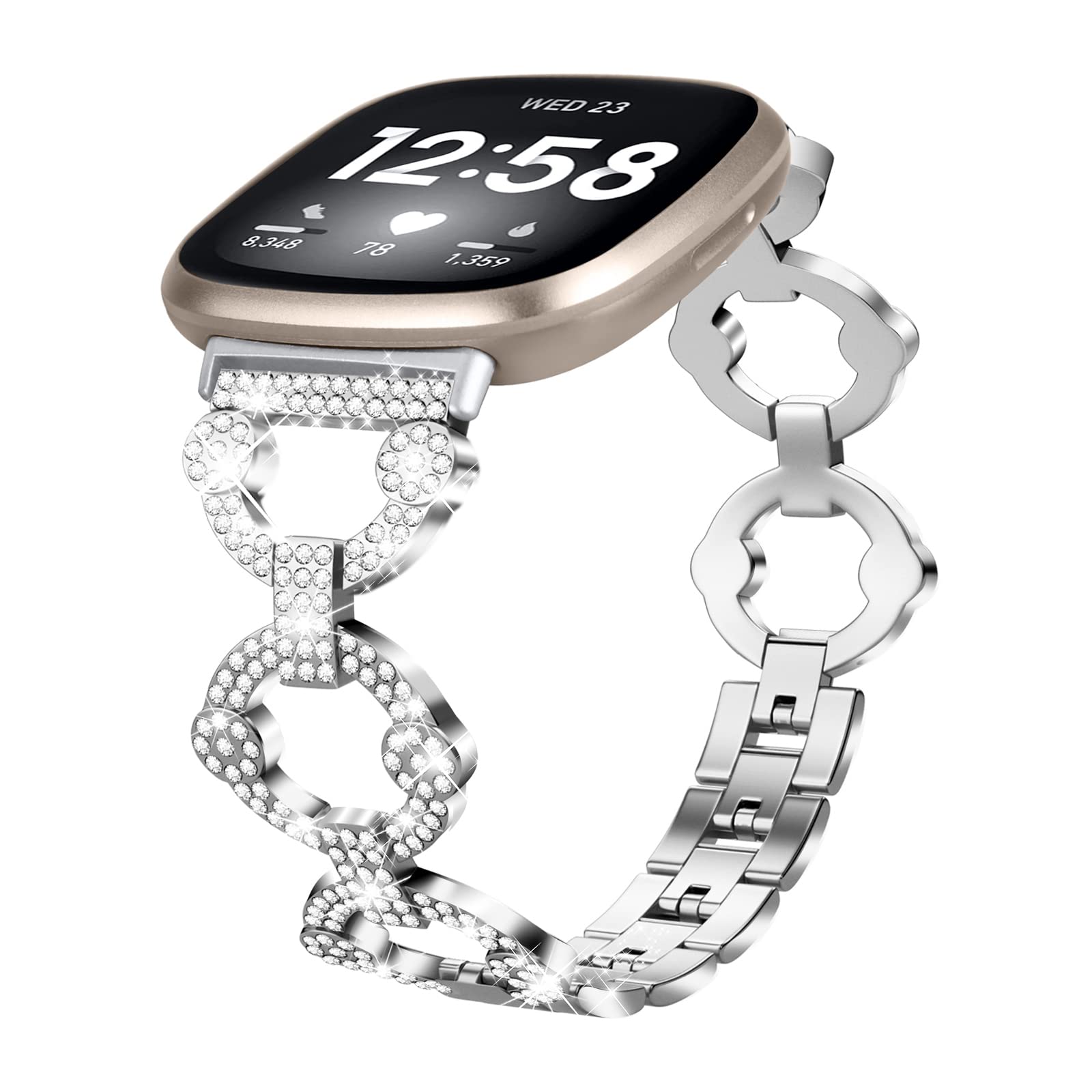 Bling Band Compatible for Fitbit Versa 4/Versa 3/Sense 2/Sense, Diamond Jewelry Metal Wristband, O-Shape Elegant Strap, Stainless Steel Luxury Bracelets for Women (Silver)