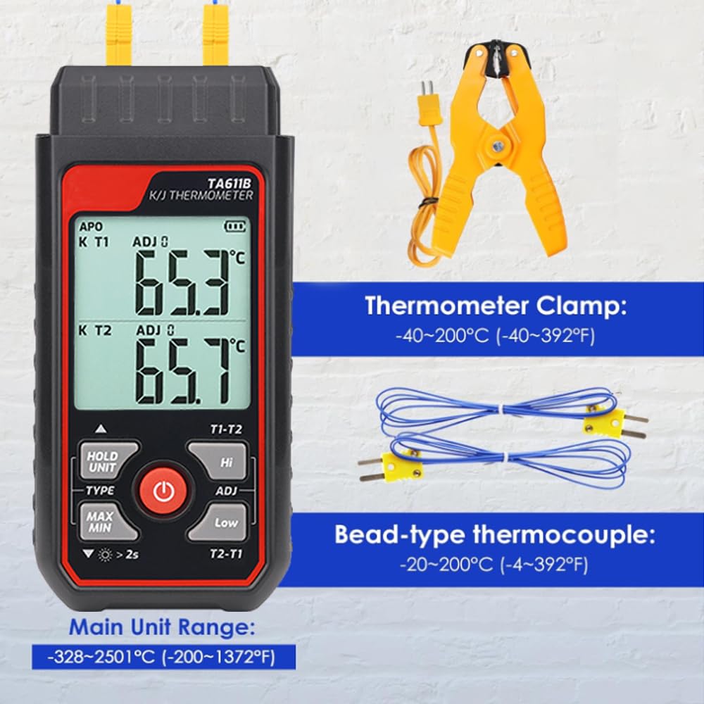 Termometro a termocoppia, termometro digitale a doppio canale (-200 °C ~ 3000 °F) con 1 morsetto per temperatura HVAC e 2 sonde termocoppie cablate, misuratore di temperatura HVAC con compensazione