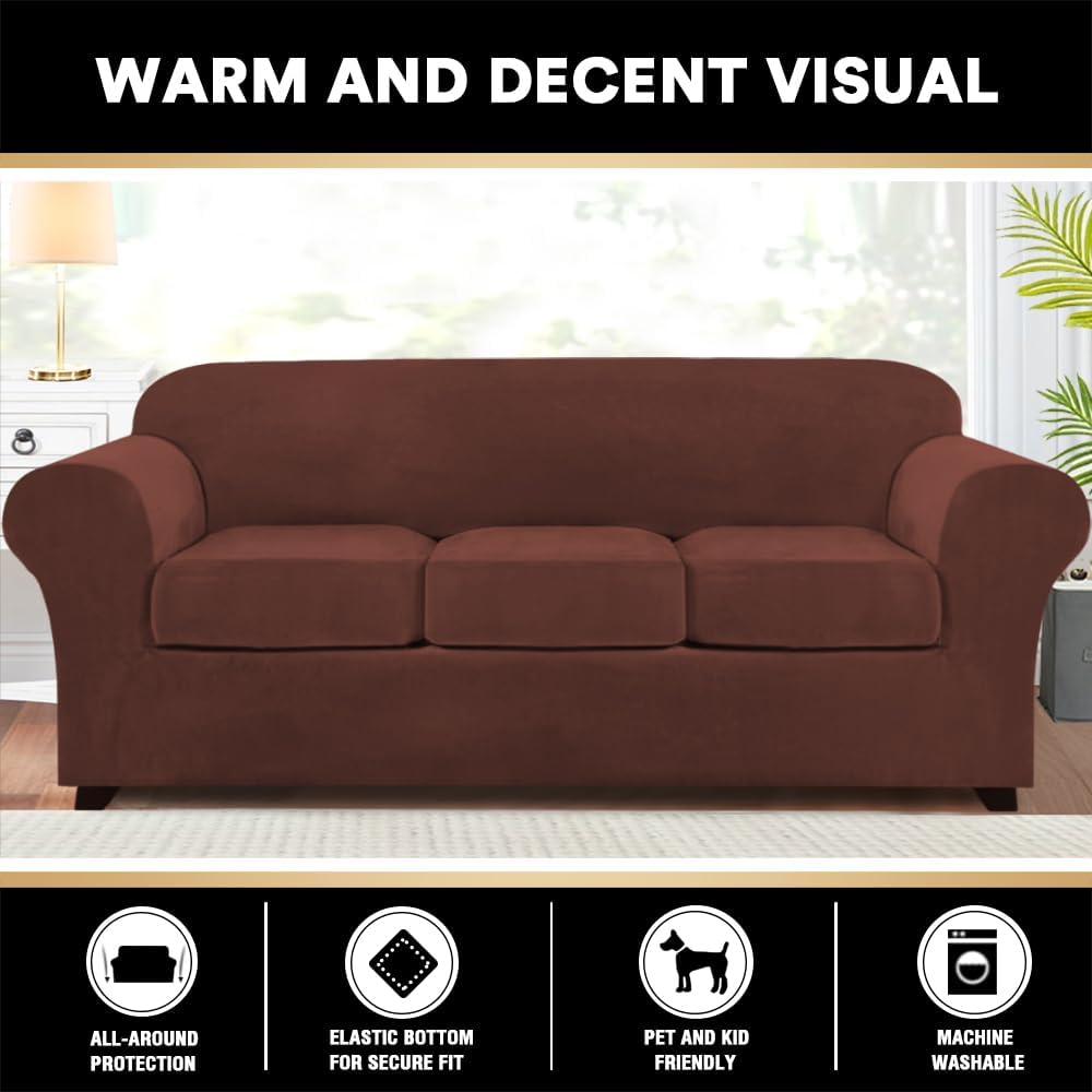 princedeco velvet couch covers for sofa soft 4 pieces couch covers for 3 cushion couch sofa pet friendly furniture protector with non slip elastic bottom width up to 90 inch (large, burnt brick) burnt brick large(72"-90")