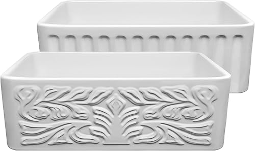 Whitehaus Collection WHFLGO3018 - Fregadero de arcilla refractaria reversible de 30 pulgadas con delantal delantero Gothichaus en un lado y delantal