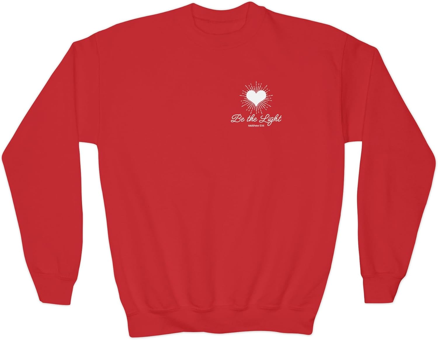 Girls Youth Crewneck Sweatshirt Be the Light Heart Design (Matthew 5:14).