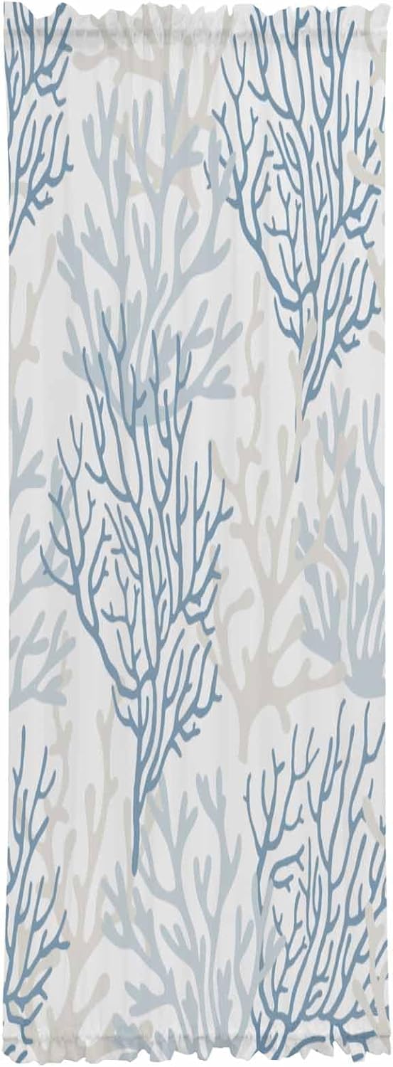 Coastal Coral French Door Curtain, Sheer Door Curtains for Door Window Curtains Rod Pocket Sidelight Curtains for Front Sliding Door with Tieback 1 Panel, Ombre Blue Gray Nautical Ocean, 25W X 72L