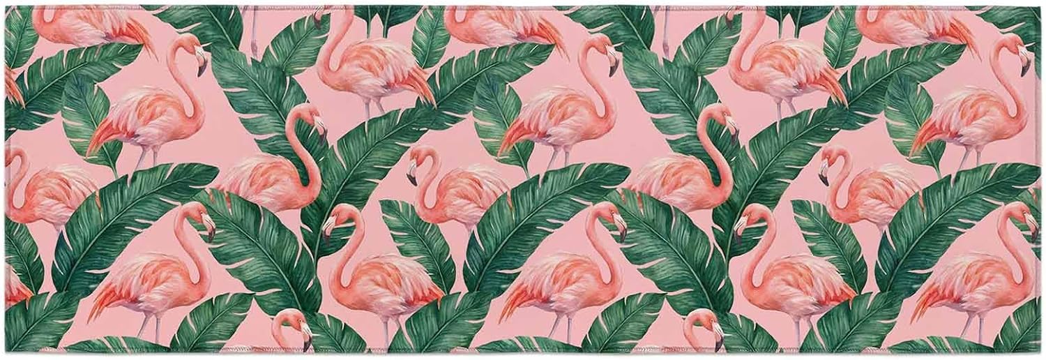 Teamery Kitchen Mats for Floor Watercolor Flamingo Palm Leaves Washable Non Slip Kitchen Rugs 1PCS, Animal Leaf Plant on Pink Absorbent Standing Mats for Sink Bathroom Office Living Room 23.6x70.9in