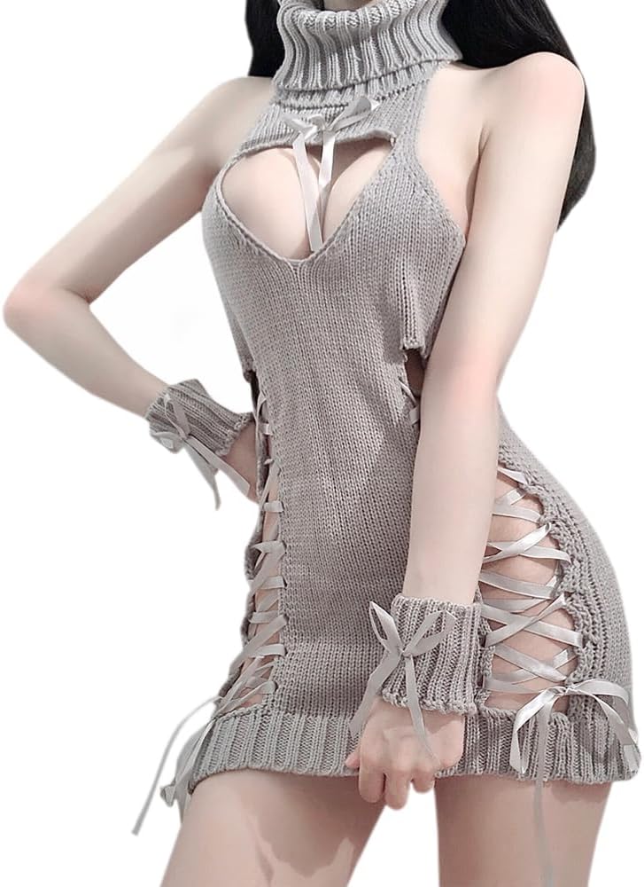 sexy Virgin Killer Sweater outfit for women Lingerie Dress chic halter Cutout Bodysuit Cosplay Costume knitted Underwear Cutout Anime Roleplay Babydoll Wrist Cuffs Set Gray