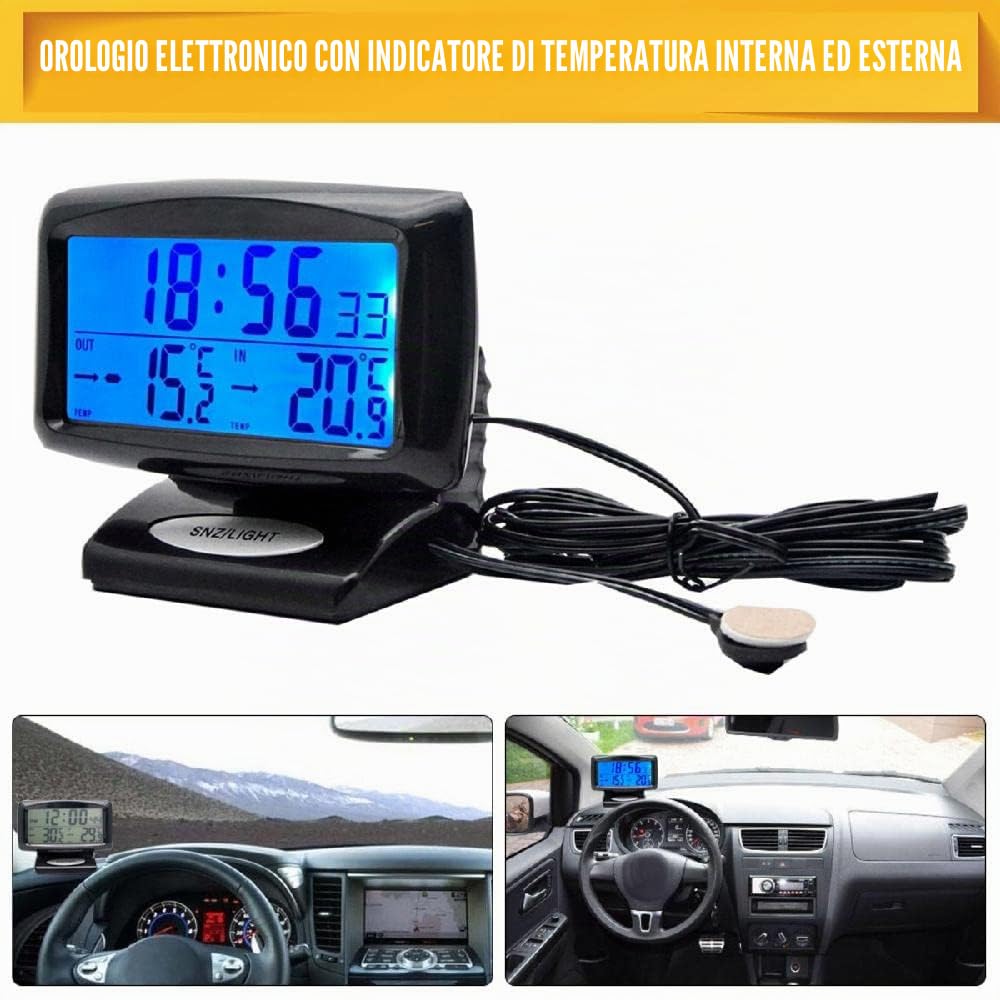 Termometro di misurazione della temperatura all'interno e all'esterno dell'auto, orologio elettronico, retroilluminazione LCD blu per auto, con display digitale e termometro