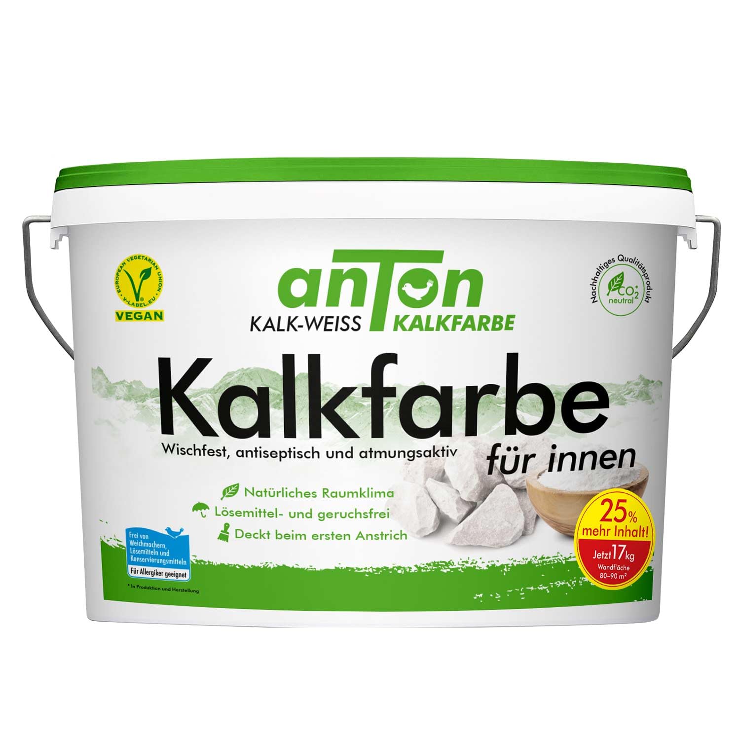 Anton | Wischfeste Kalkfarbe Kreideweiß | Innen | 90m² |17Kg | antimikrobiell | Vorbeugend sofort gegen Schimmel | deckt beim ersten Anstrich | Antiseptisch & Atmungsaktiv | 25% MEHR INHALT