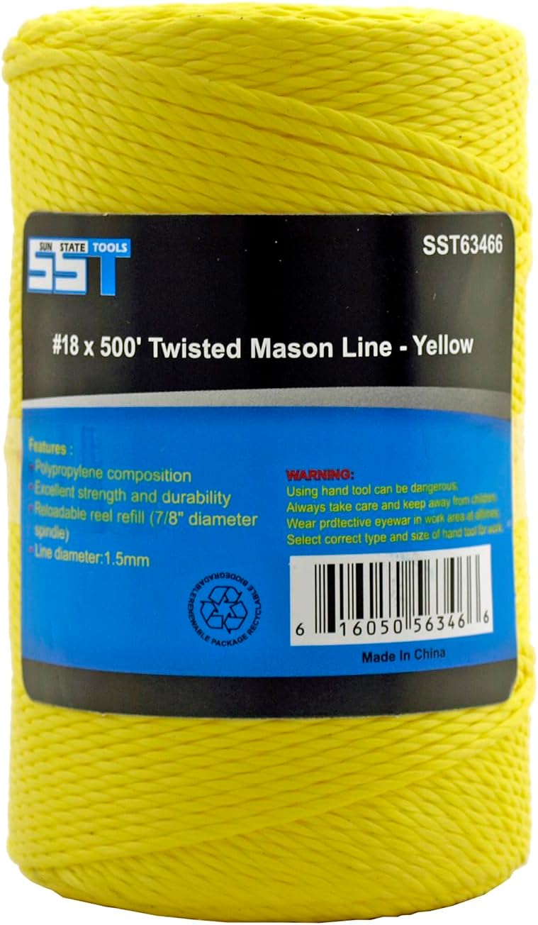 SST - #18 x 500' Twisted Polypropylene Rope Twine Mason Line - Great for Masonry Jobs, DIY Projects, Net Making, Gardening (Yellow)