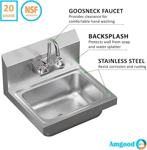 Miniatura 5 de AmGood Fregadero de mano montado en la pared con grifo de cuello de cisne  17" x 15"