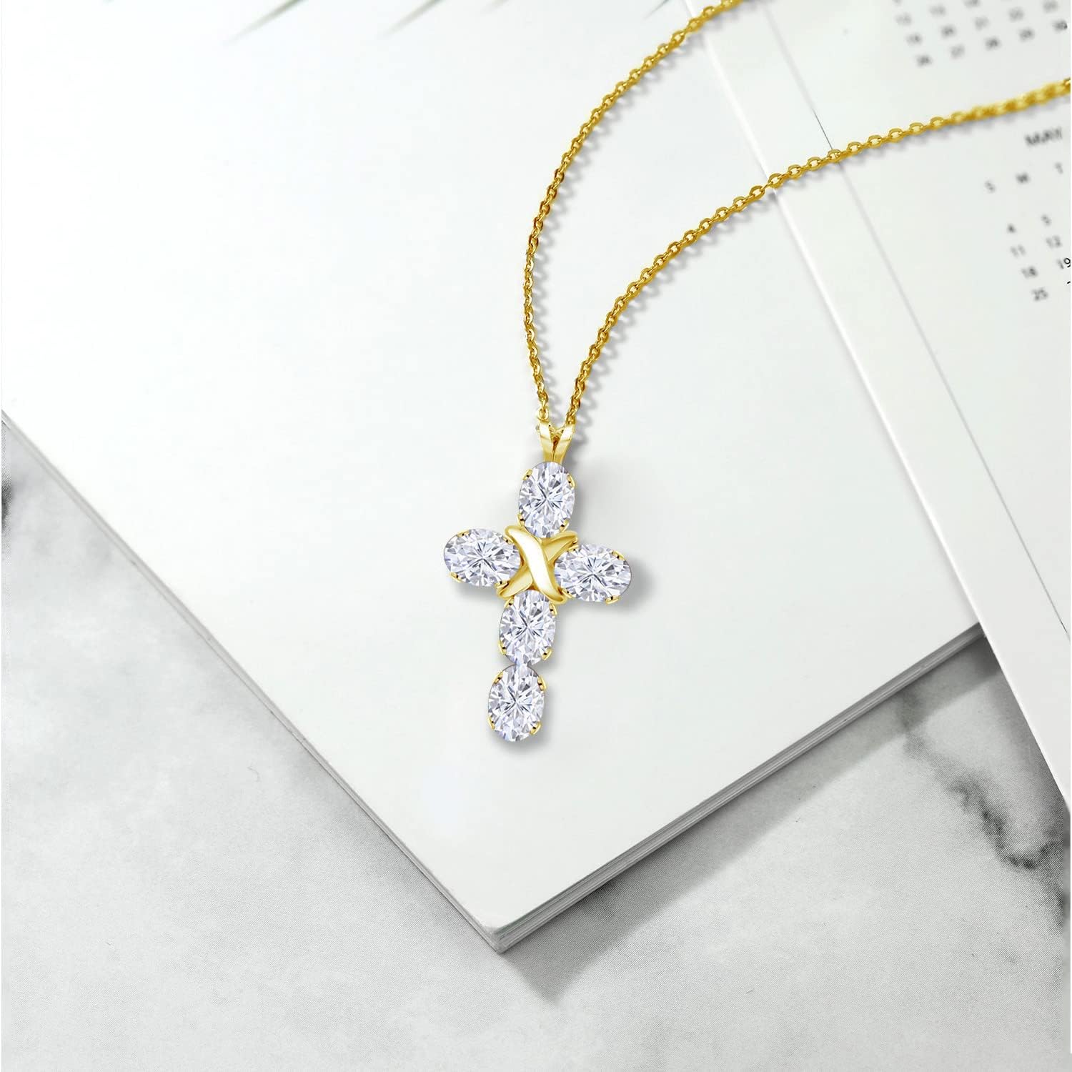 Gem Stone King Cross Pendant Necklace for Women | 18K Yellow Gold Plated Silver | 6X4MM Gemstone Birthstone | Jesus Christian Religious Crucifix Jewelry | 18 Inch Chain