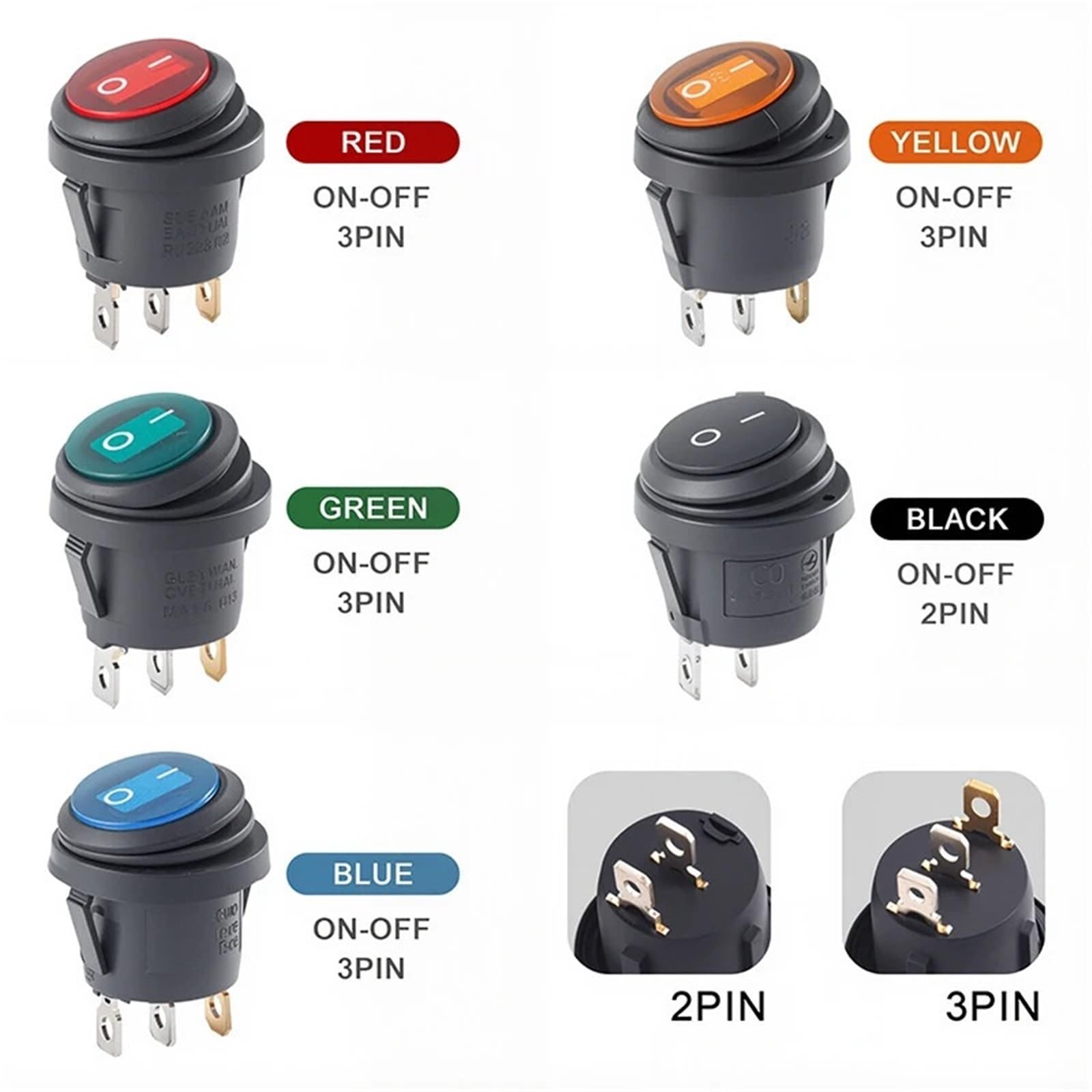 Interrupteur rond SPST 3 broches, interrupteur à bascule 6A 10A 250V 125V AC LED