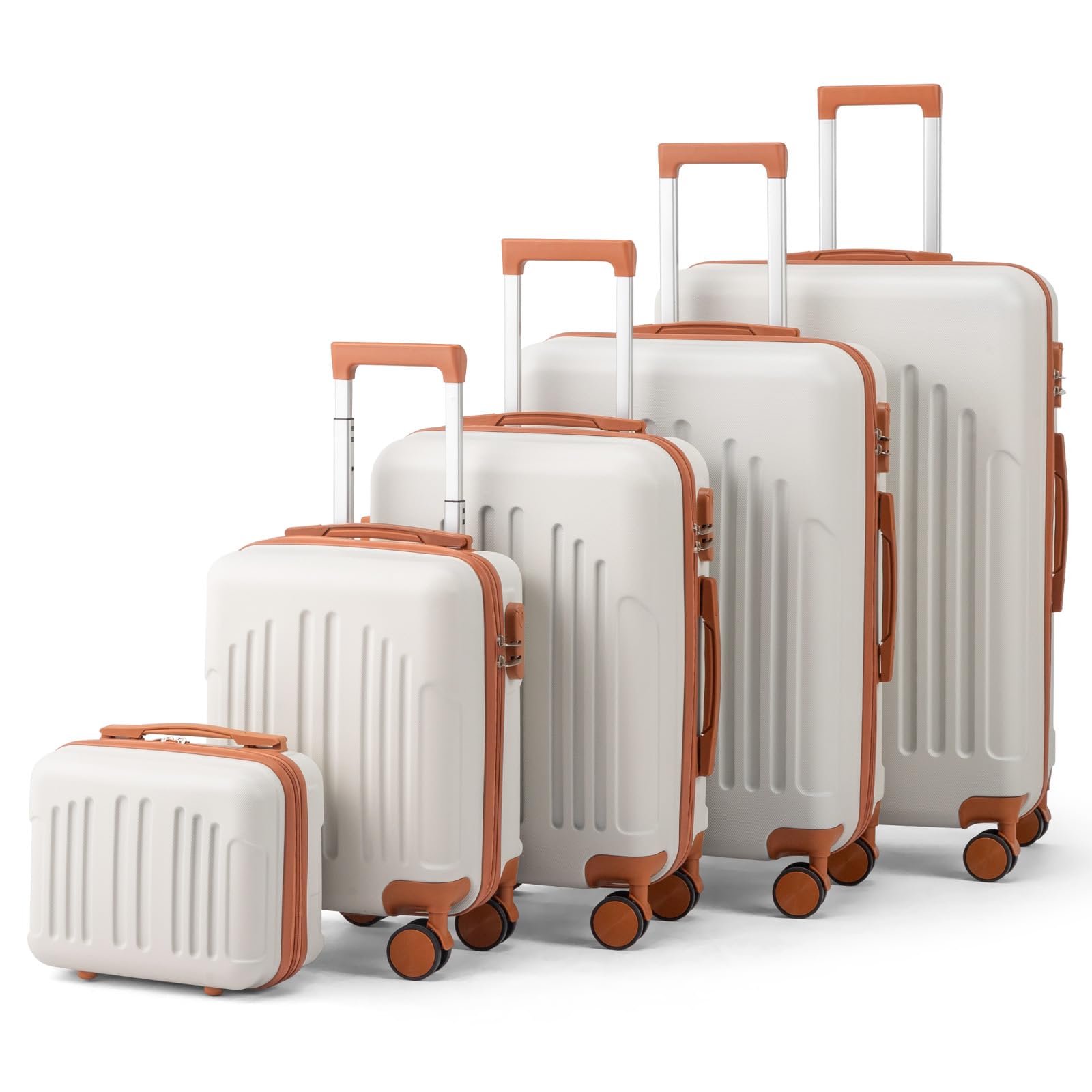 LEADZM Set di Valigie Rigide 5 Pezzi con Beauty Case, Set Valigie in ABS, Luggage Suitcase Grande 23 kg con 4 Ruote Girevoli Doppie (Beige-Marrone)
