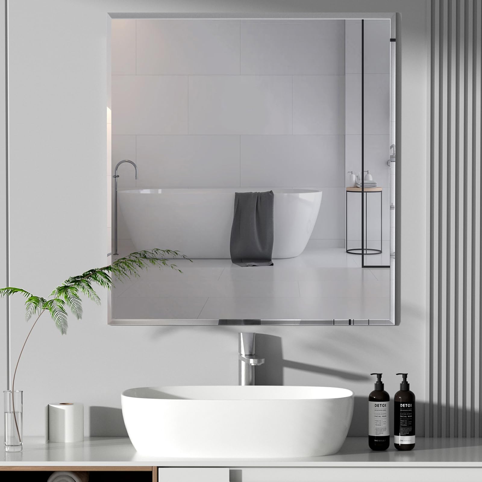 – Warmiehomy Frameless Bathroom Mirror Rectangle Adhesive or Hanging Wall Mirror 2 in 1 with Bevelled Edge for Bathroom Bedroom Living Room(50 x 60 cm)