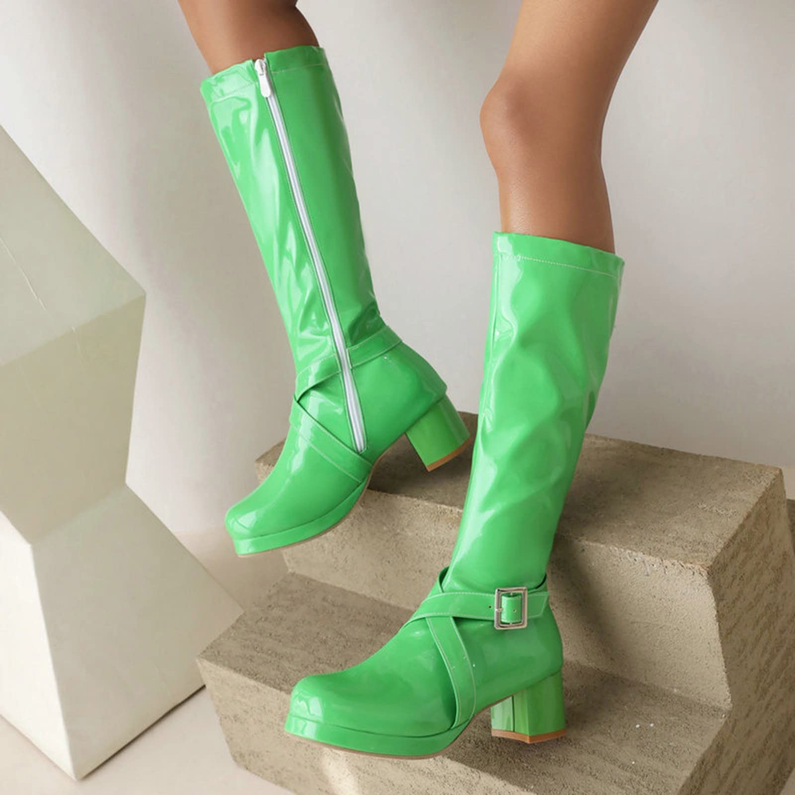 Botas de pantorrilla media para mujer e invierno Hebilla de color sólido de moda Cremallera lateral Cómodo tacón grueso Zapatos de tacón cuadrado Zapatillas de deporte para mujer, verde, 39 EU