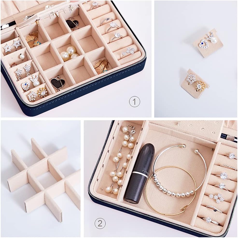Small Faux Leather Jewelry Box Portable, Travel Jewelry Organizer - Zipper, Dark Blue