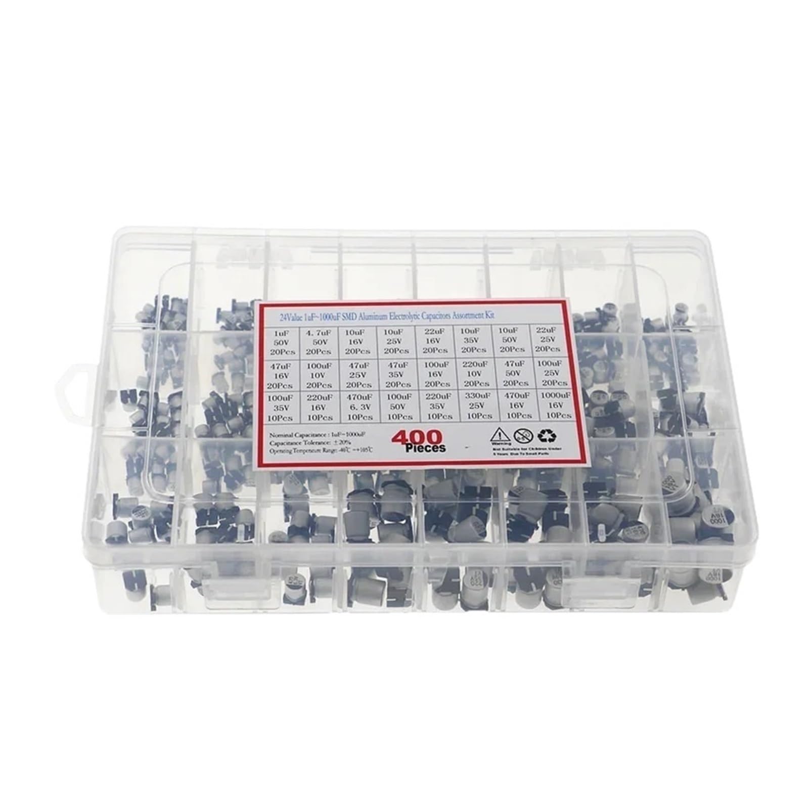 400 Uds 24 valores 1uF-1000uF condensador electrolítico Kit surtido caja 10V-50V juego de aluminio