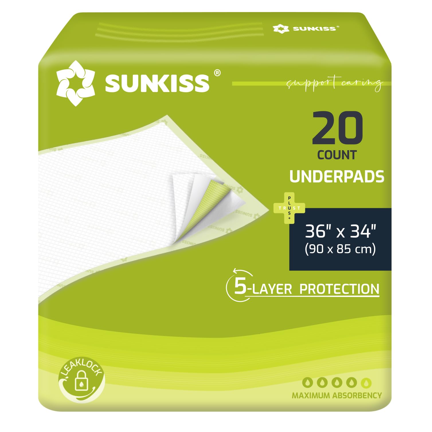 SUNKISS TrustPlus 90 x 85cm Disposable Incontinence Underpads, Absorbent Bed Pads for Adult and Elder, Furniture Protectors, Overnight Leak Protection, Odor Control, Pet Training Pads, 20 Count