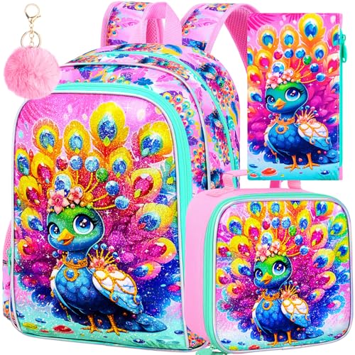 Image of 3Pcs Backpack for Girls, 16 inch Kids Bookbag with Lunch Box,Peacock School Backpacks for Elementary Preschool Kindergarten (Pink)