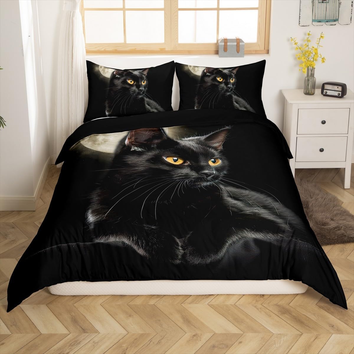 Homemissing Gatto Parure da letto Carino Modello di Gatto Nero Copripiumino 200 x 200 cm Animali stampato Ragazza Ragazzo Copripiumino Fattoria Gatto Decorazione Biancheria da letto Set con 2 federe