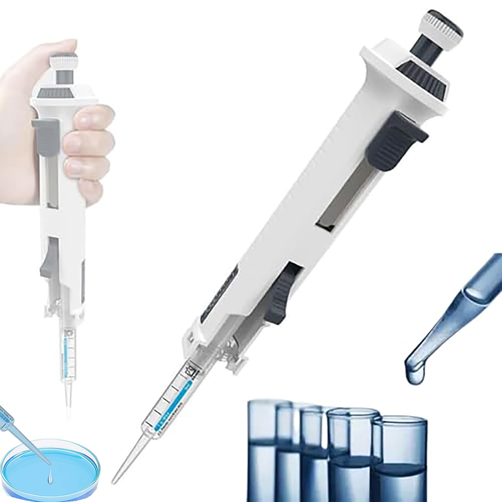 Pipeta jednokanałowa (0,5 ml–50 ml), pipety ciągłe (48 razy), z końcówkami 5 ml, pipeta krokowa z 5 kołami zębatymi, widoczna pozycja koła zębatego, do chemikaliów,A