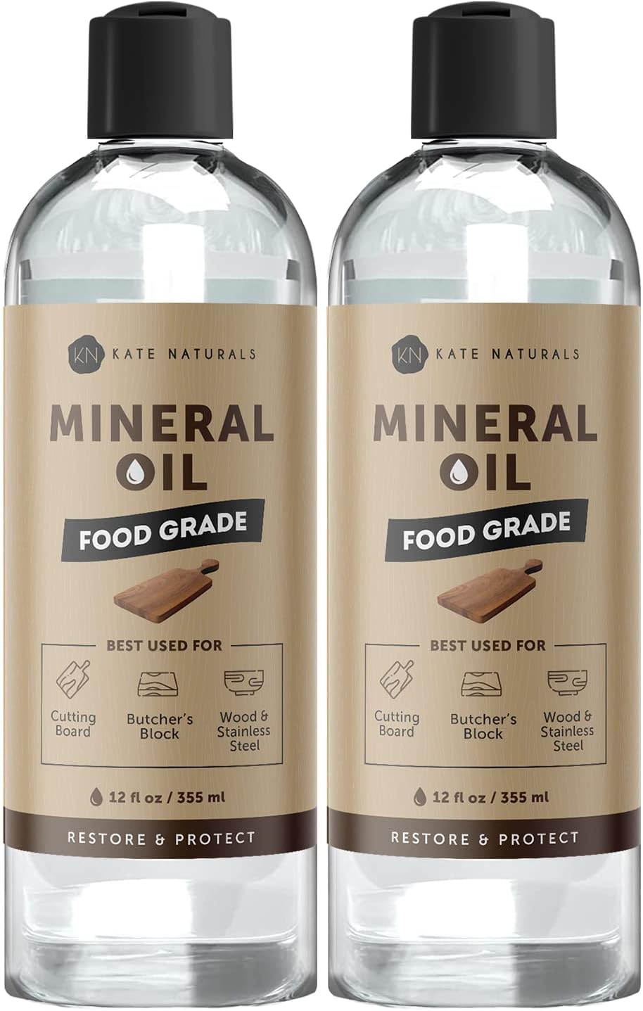 Mineral Oil Food Grade (2-Pack - 12oz) - Kate Naturals. USP & Food Grade Mineral Oil - Conditioner To Protect Kitchen Appliances, Knives, Butcher Block, Stainless Steel, Wood, Cutting Board, Bamboo