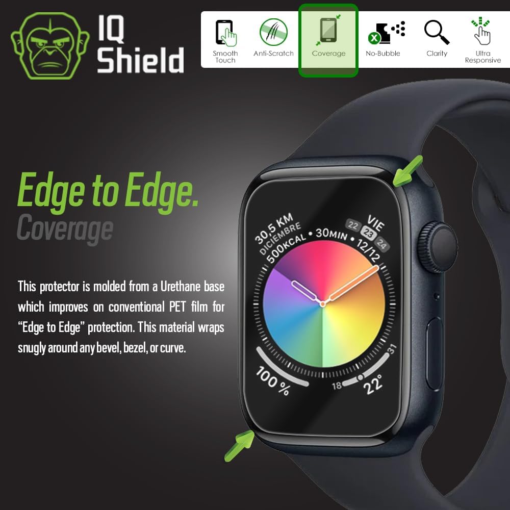 IQShield Lot de 6 films protecteurs d'écran en TPU transparent anti-bulles pour Apple Watch Series 9/8/7 (45 mm)