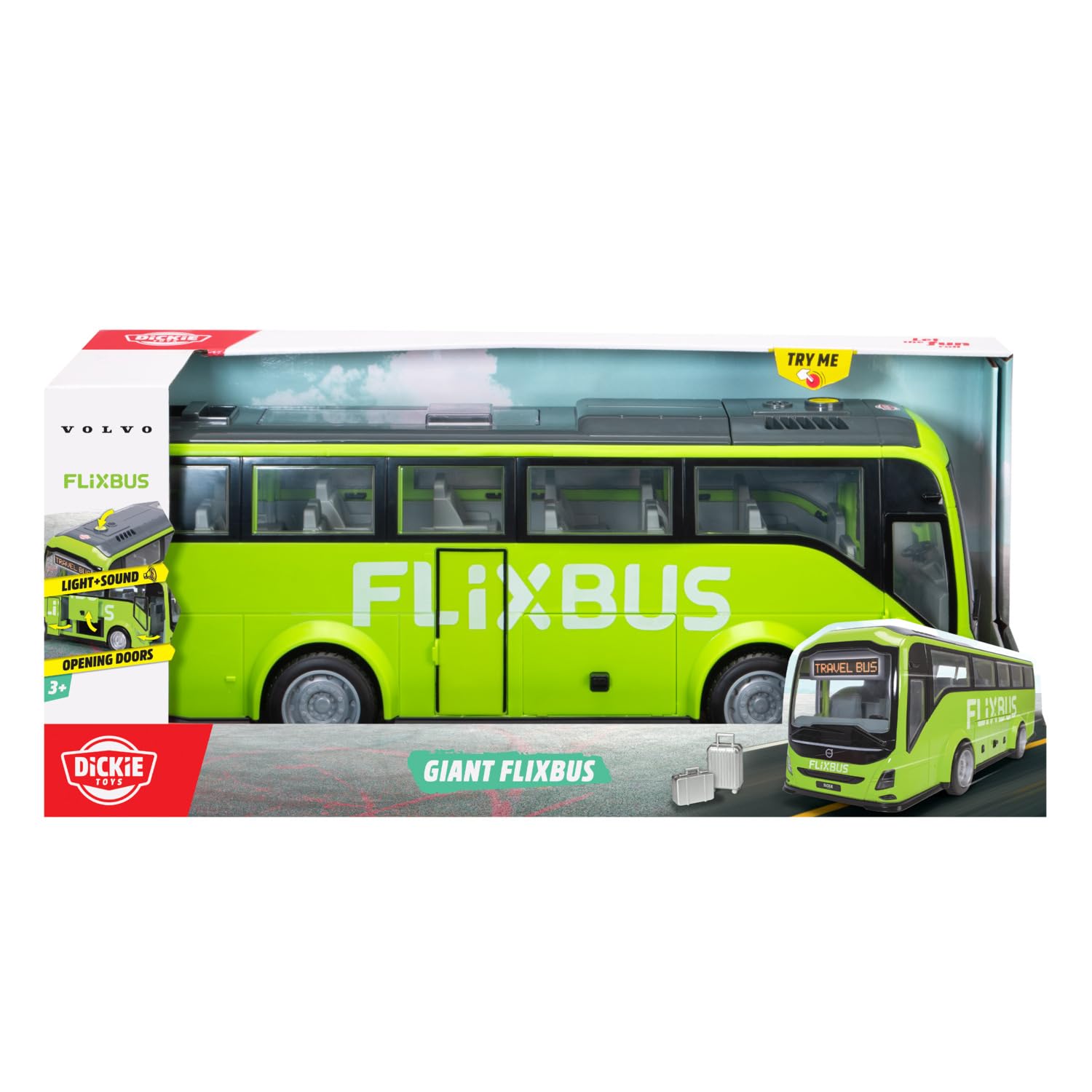 Dickie Toys Volvo 9700 autobus turystyczny 54 cm, autobus zabawkowy dla dzieci od 3 lat, wolny bieg, światło i dźwięk, zdejmowany dach, wnętrze, drzwi i klapy do otwierania, walizka, skala 1:16